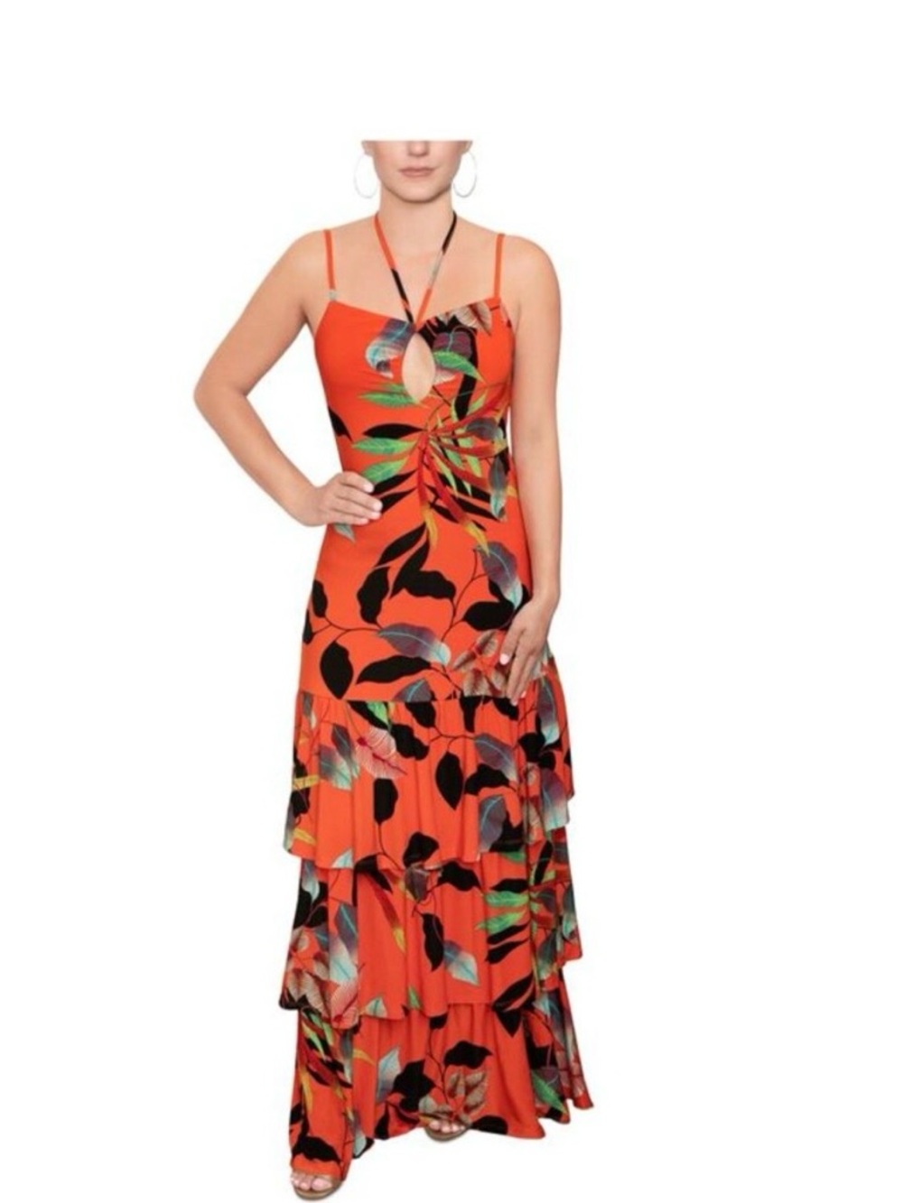 RACHEL Rachel Roy Women's XXL Amaya Tiered Keyhole Dress in Sunset Vine print.